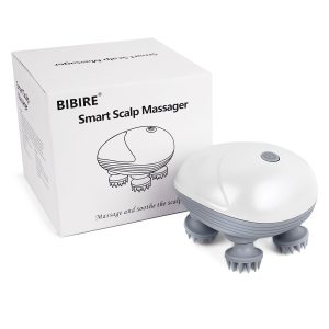 Masseur de tête électrique BIBIRE blanc à dôme, quatre bras silicone à picots et sa boîte