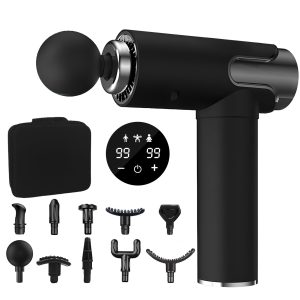 Pistolet de massage noir avec écran tactile, série d'embouts interchangeables et housse de rangement