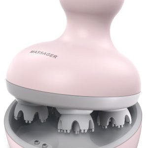 Masseur de tete electrique rose dans son socle, picots silicone gris et bandeau lumineux multicolore
