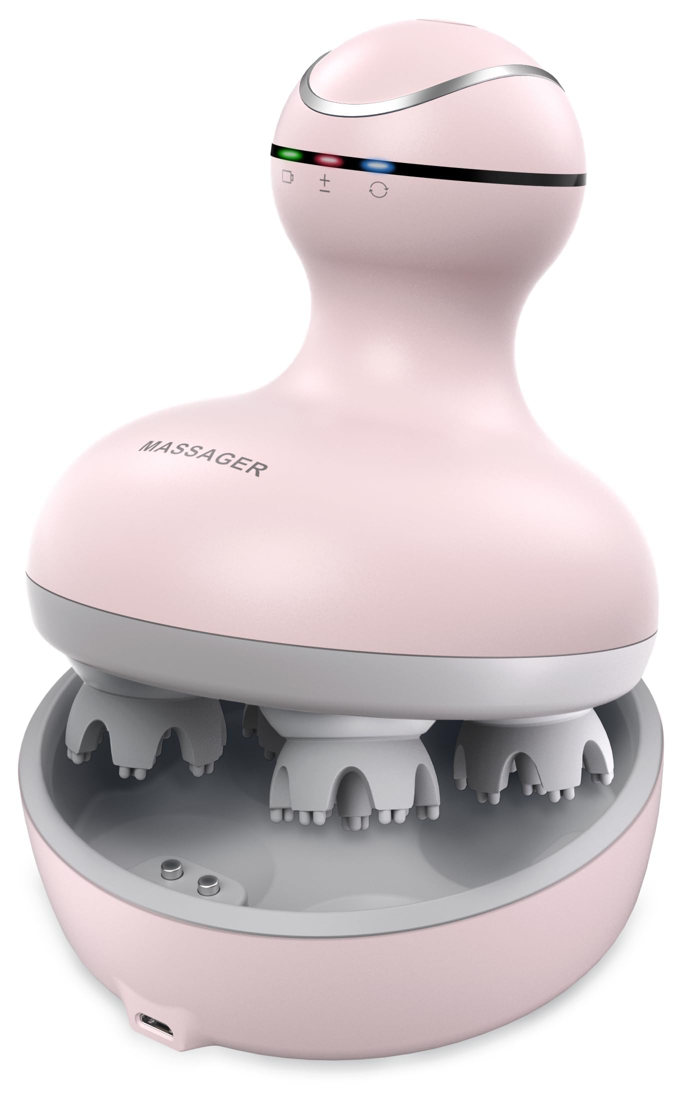 Masseur de tete electrique cuir chevelu rose Masseur de tete electrique rose dans son socle, picots silicone gris et bandeau lumineux multicolore