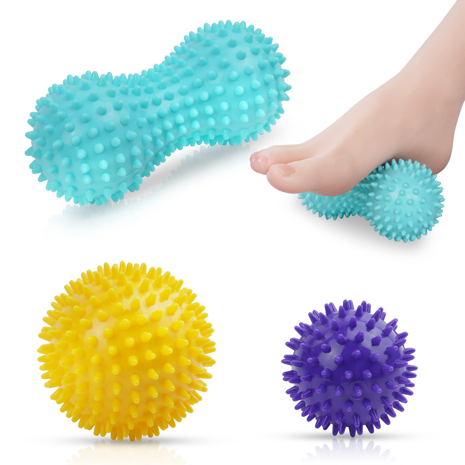 Balles de massage à picots, set de 3 reliefs Set de 3 balles de massage à picots, rouleau cacahuète turquoise, balle jaune et balle violette avec un pied posé pour l'échelle