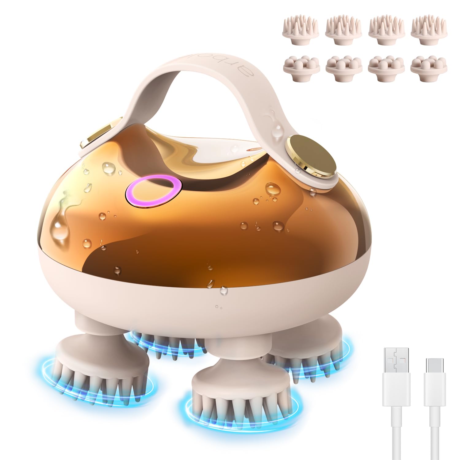 Masseur de tête électrique à picots souples Arboleaf Masseur de tête électrique Arboleaf doré à poignée, picots silicone lumineux bleus, têtes de rechange et câble USB-C