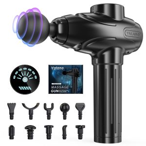 Pistolet de massage Valano noir avec tête ronde en mouvement, écran tactile et jeu d'embouts interchangeables pour le corps