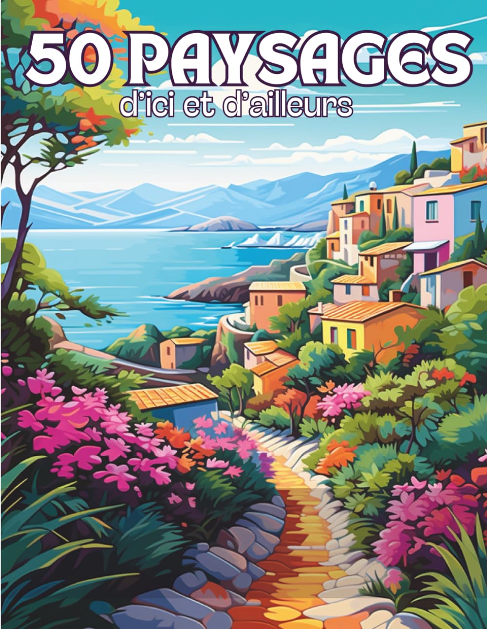 Livre de coloriage 50 paysages d'ici et d'ailleurs Livre de coloriage 50 paysages, couverture avec village côtier, sentier fleuri et mer bleue