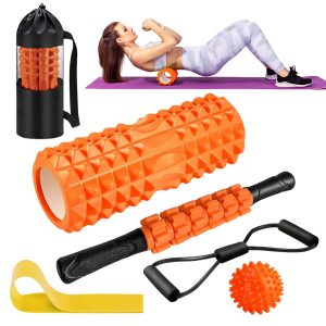 Kit rouleau de massage orange et noir : rouleau en mousse à reliefs, bâton à poignées, balle à picots, élastique et sac de transport