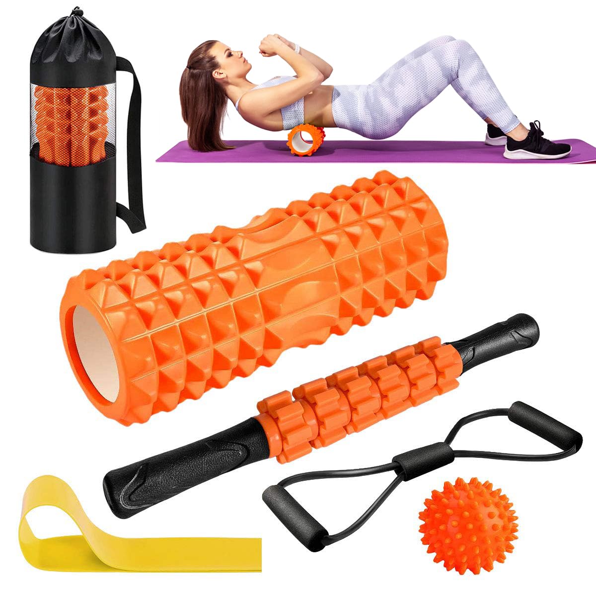 Rouleau de massage : kit mousse, bâton et balle Kit rouleau de massage orange et noir : rouleau en mousse à reliefs, bâton à poignées, balle à picots, élastique et sac de transport