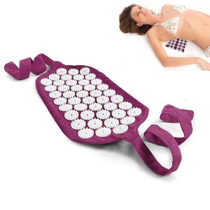 Ceinture d'acupression violette garnie de fleurs blanches à picots, avec deux longues sangles pour entourer le corps