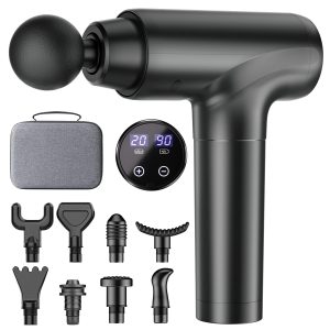 Pistolet de massage musculaire cotsoco noir avec ecran tactile, embouts interchangeables et mallette grise de transport