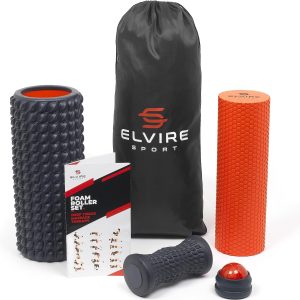 Kit rouleau de massage musculaire Elvire Sport : rouleau gris à picots, rouleau orange, bille et pochette