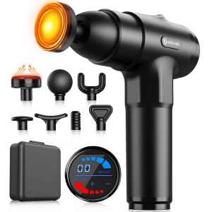Pistolet de massage percussif noir avec embout chauffant orange, écran de vitesse, mallette et têtes interchangeables