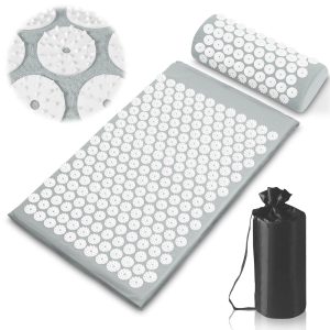 Tapis d'acupression gris à fleurs de picots blancs, avec coussin assorti et sac de rangement noir