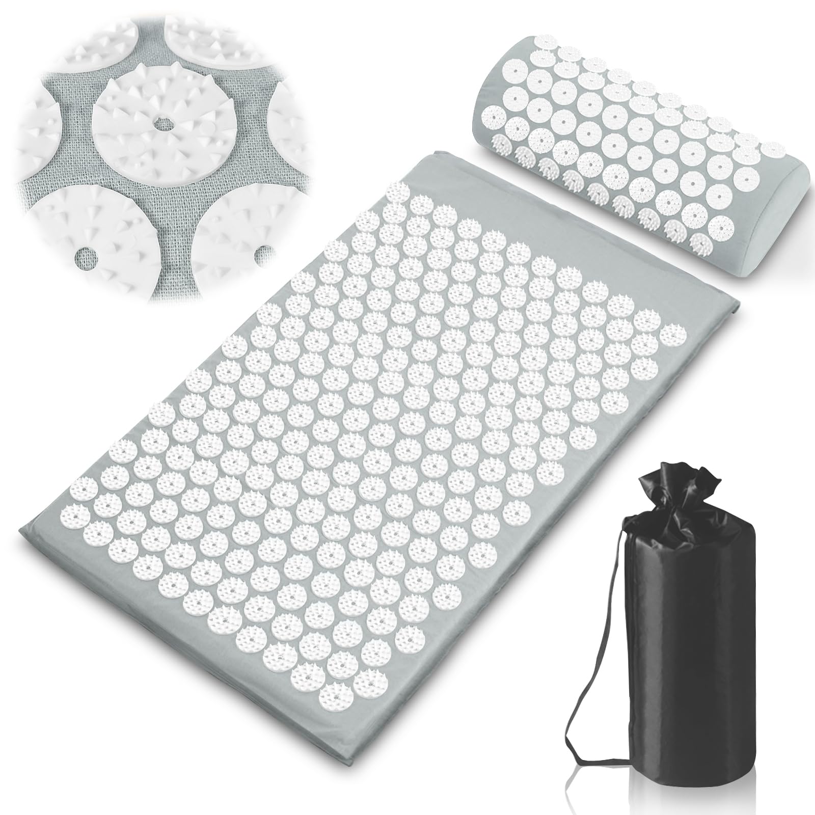 Tapis d'acupression à picots avec coussin Tapis d'acupression gris à fleurs de picots blancs, avec coussin assorti et sac de rangement noir