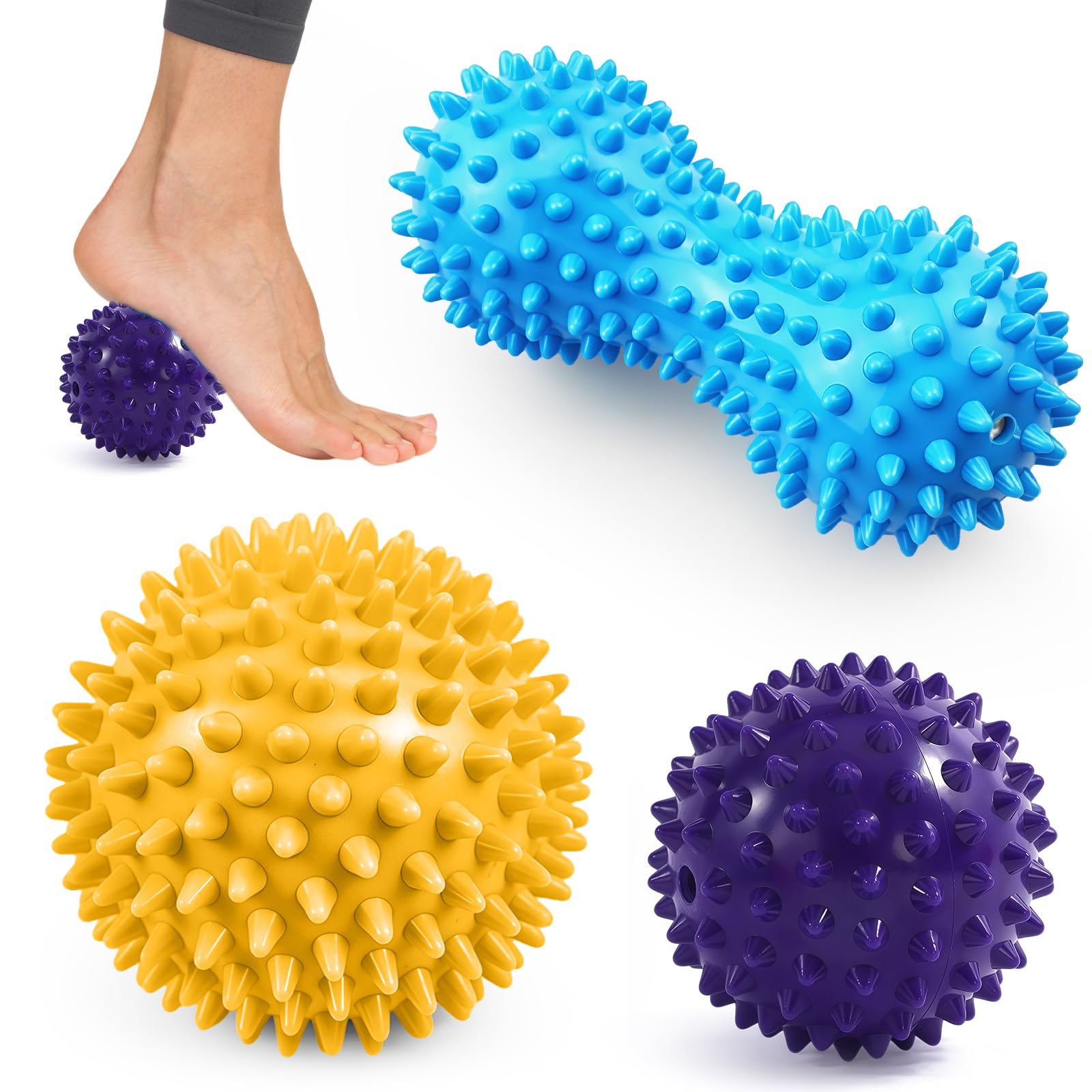 Lot de 3 balles de massage à picots, pieds et corps Lot de 3 balles de massage à picots, balle jaune et violette avec rouleau bleu cacahuète et pied qui roule