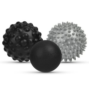 Lot de 3 balles de massage : balle noire à bosses, balle grise à pointes fines et balle noire lisse