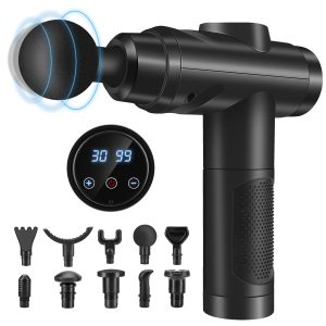 Pistolet de massage noir avec écran tactile rond, tête ronde et assortiment de huit embouts interchangeables