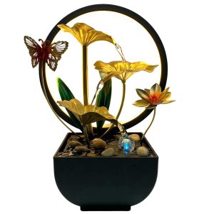 Fontaine d'intérieur LED aux fleurs dorées en cascade, papillon et anneau lumineux sur bol de galets