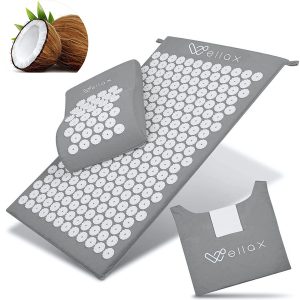 Tapis d'acupression Wellax gris avec coussin assorti, sac de transport et centaines de picots blancs