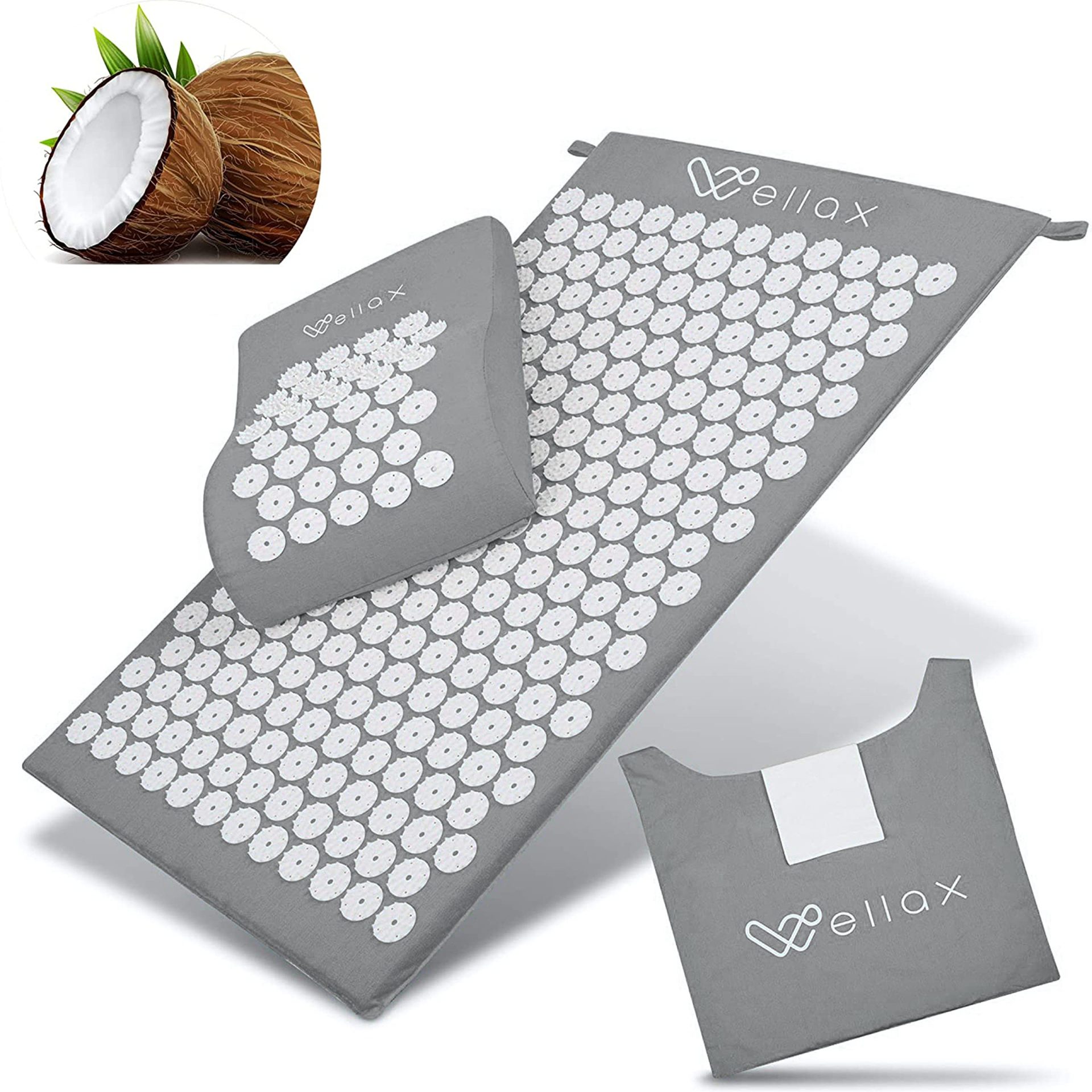 Tapis d'acupression Wellax avec coussin et sac Tapis d'acupression Wellax gris avec coussin assorti, sac de transport et centaines de picots blancs