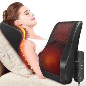 Masseur cervical chauffant noir matelassé avec zone chaude orangée et télécommande filaire pour la nuque
