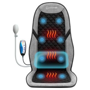 Siège massant chauffant COMFIER gris et noir matelassé, zones de vibration dans le dos et télécommande filaire