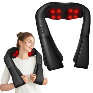 Masseur dos et cervicales Brelley noir, nœuds chauffants rouges et touches de réglage, porté sur les épaules