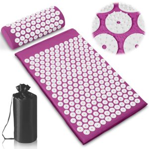 Tapis d'acupression violet à picots blancs avec coussin assorti et sac de transport noir