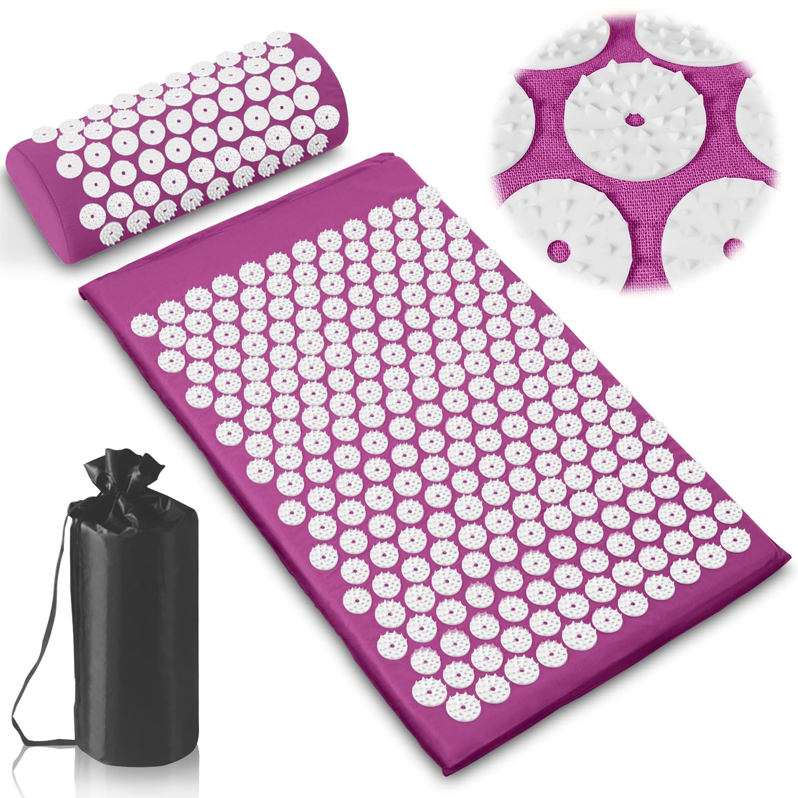 Tapis d'acupression violet avec coussin et sac Tapis d'acupression violet à picots blancs avec coussin assorti et sac de transport noir