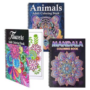 Lot de 3 livres de coloriage adulte à spirale, couvertures animaux tigre, fleurs et mandala sur fond sombre