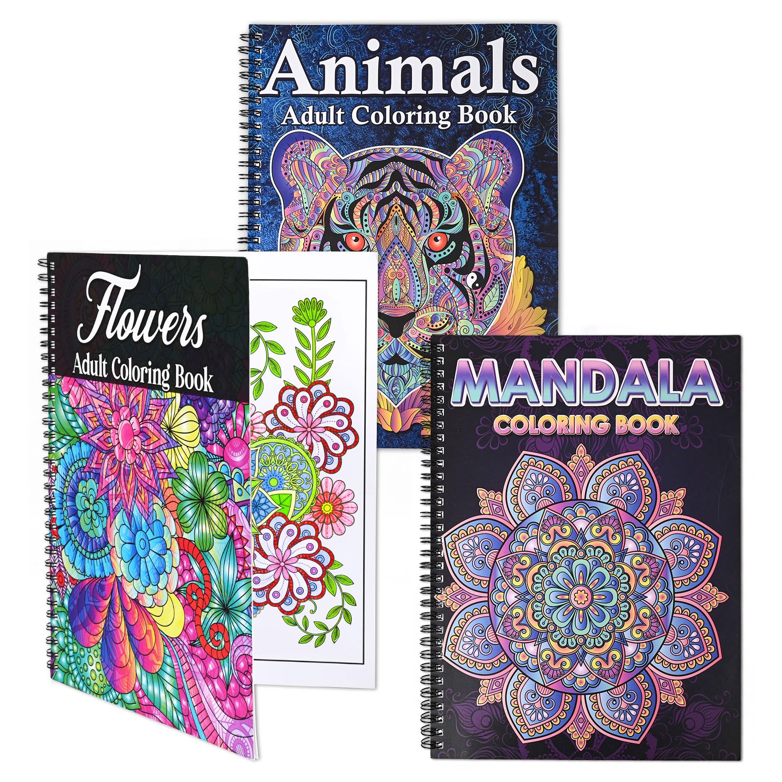 Lot de 3 livres de coloriage adulte : animaux et mandala Lot de 3 livres de coloriage adulte à spirale, couvertures animaux tigre, fleurs et mandala sur fond sombre