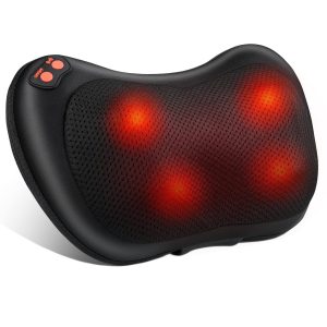 Coussin de massage shiatsu noir avec quatre têtes rotatives rougeoyantes et housse en maille